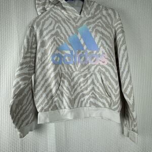 Adidas girl sweatshirt hoodie zebra print stylish gray and blue size 14
